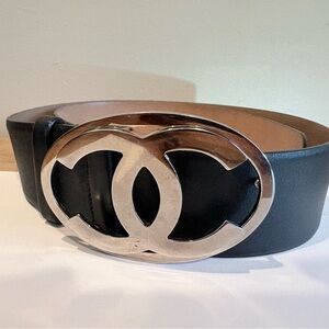 Authentic CHANEL Black Leather Belt with Silver Buckle